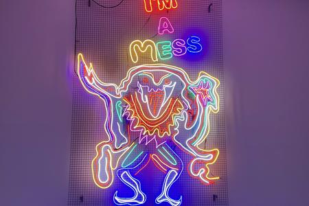 a neon sign that reads "I'm a Mess" with a strange neon creature of many colors