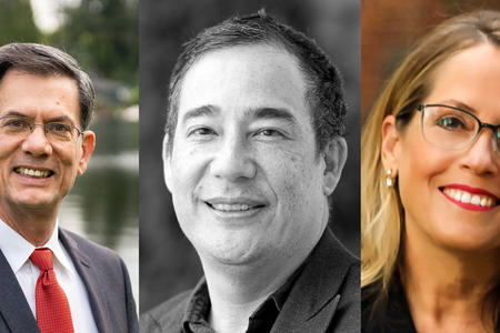 Photos of Washington Secretary of State Steve Hobbs, and two challengers in the primary election, Julie Anderson and Mark Miloscia