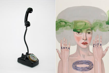 Two artworks, left: telephone assemblage with an old rotary phone with cable and receiver suspended in the air. Right: painting of a white woman with circled tattoo on her chest and text "turn" "life" on her knuckles. Around her head is a green cloud of smoke.