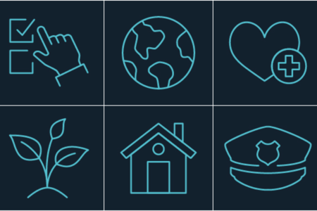 Bill tracker icons: Health care, redistricting, environment, zoning and police reform