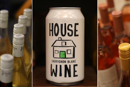 Photos of wine bottles with screwcap closures and cans of wine