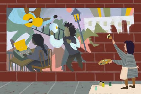 An illustration of an artist painting a mural featuring a guitarist, writer and actor