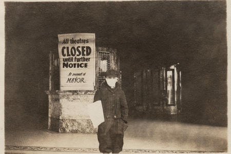 Archival photo of paperboy in surgical mask