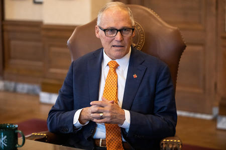 A picture of Gov. Jay Inslee in his office at the Capitol in Olympia. 