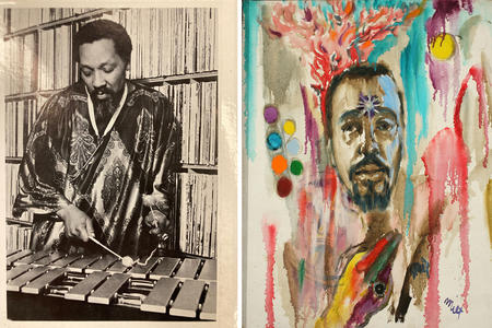 A photo of Simon playing the zylophone, and a colorful self portrait