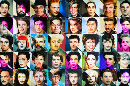 a grid of photographed faces, each split in half diagonally so that a whole face is composed of two diff people