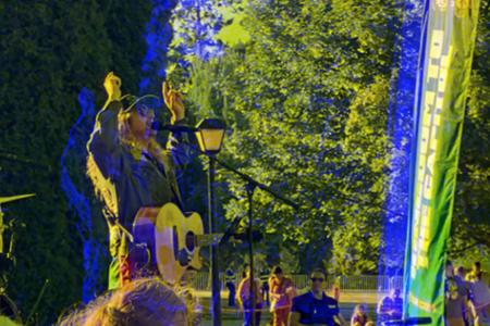 A photo illustration of the evangelical Christian singer Sean Feucht ontage in Olympia.