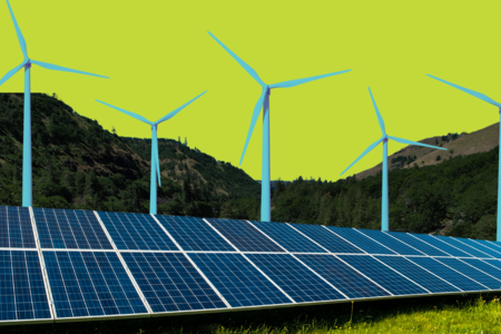 A collage featuring solar panels, wind turbines and hills from Lyle Falls, which runs into the Columbia River.