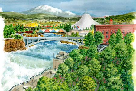 This advertising design was drawn by Keith Oka for the Expo '74 Fair