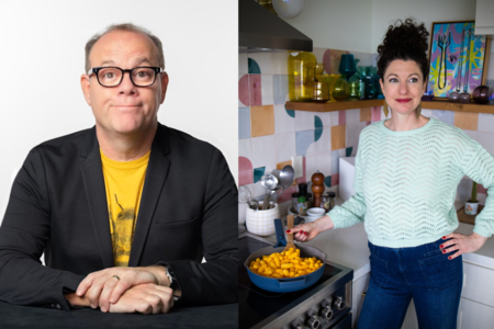 Comedian Tom Papa and host Rachel Belle