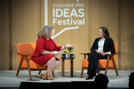 Celeste Headlee and Heather Cox Richardson sit on stage at the Cascade PBS Ideas Festival