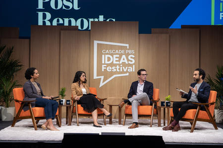 Megan McArdle, Elahe Izadi, Martine Powers and Shadi Hamid sit on stage at the Cascade PBS Ideas Festival