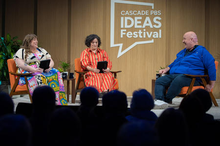 Lindy West, Meagan Hatcher-Mays and Guy Branum sit on stage at the Cascade PBS Ideas Festival
