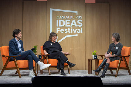 Ryan Knutson, Kate Linebaugh and Molly Ball sit on stage at the Cascade PBS Ideas Festival