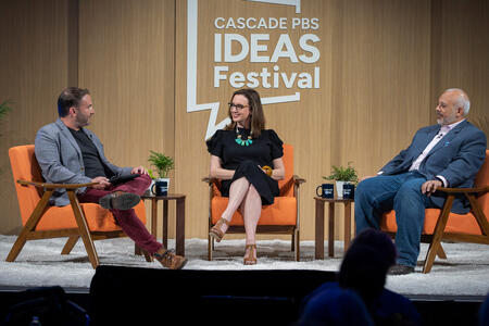 David Greene, Sarah Isgur and Mo Elleithee on stage at the Cascade PBS Ideas Festival