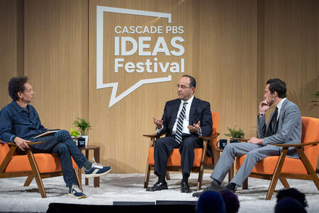 Malcolm Gladwell, Dr. Babak Sarani and David Hogg on stage