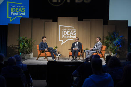 Malcolm Gladwell, Dr. Babak Sarani and David Hogg sit on stage at the Cascade PBS Ideas Festival in Seattle