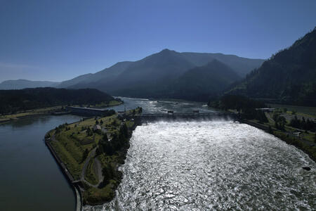 Water spills over the Bonneville Dam on the Columbia River