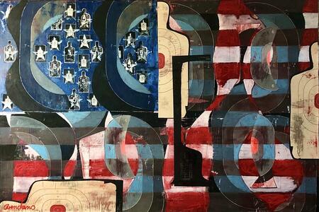 a painting of an American flag in which the stars and stripes are partially obscured by human silhouette targets