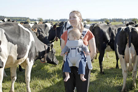 A woman stands in a field of cows with a baby in a carrier