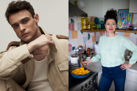 Actor Thomas Doherty on left and YLM host Rachel Belle on right