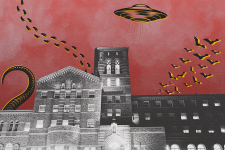 Illustration of a haunted hotel with bats, serpents, a flying saucer and bigfoot tracks
