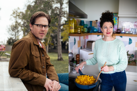 Tim Heidecker on the left and host Rachel Belle on the right
