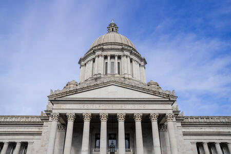 The Washington State Capitol building from below