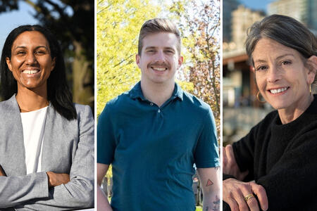 a collection of candidate portraits. From left to write, a black woman, a white man, a white woman
