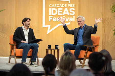 Rick Steves speaks to Ryan Knutson at the Cascade PBS Ideas Festival.