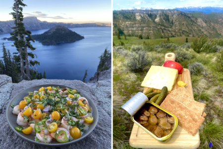 A plate of shrimp and a charcuterie board against beautiful landscape backgrounds