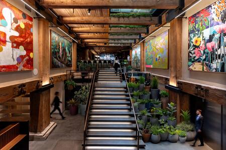 A hotel lobby hung with artwork